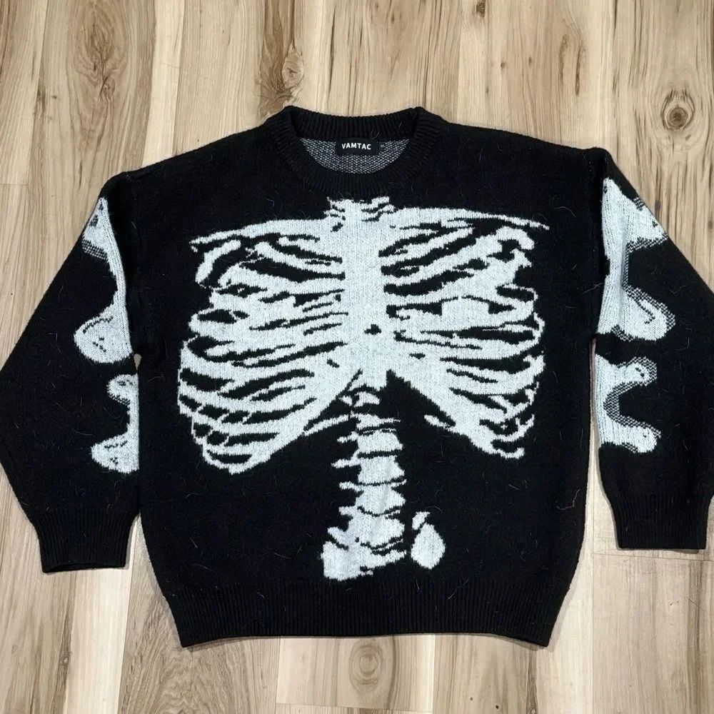 Vamtac Black Skeleton Knit Thick Crewneck Sweatshirt Men’s Small